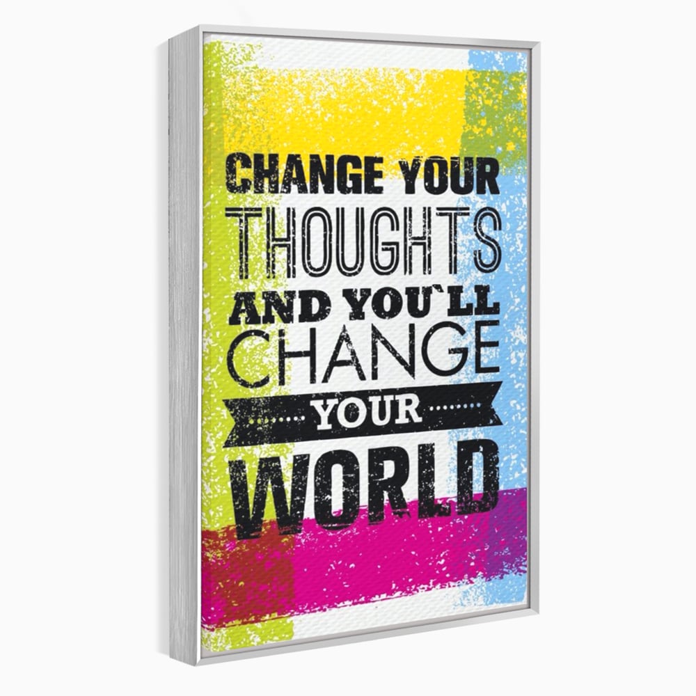 Tablou canvas cu tablou canvas cu mesaj motivational colorat, in rama de aluminiu argintiu